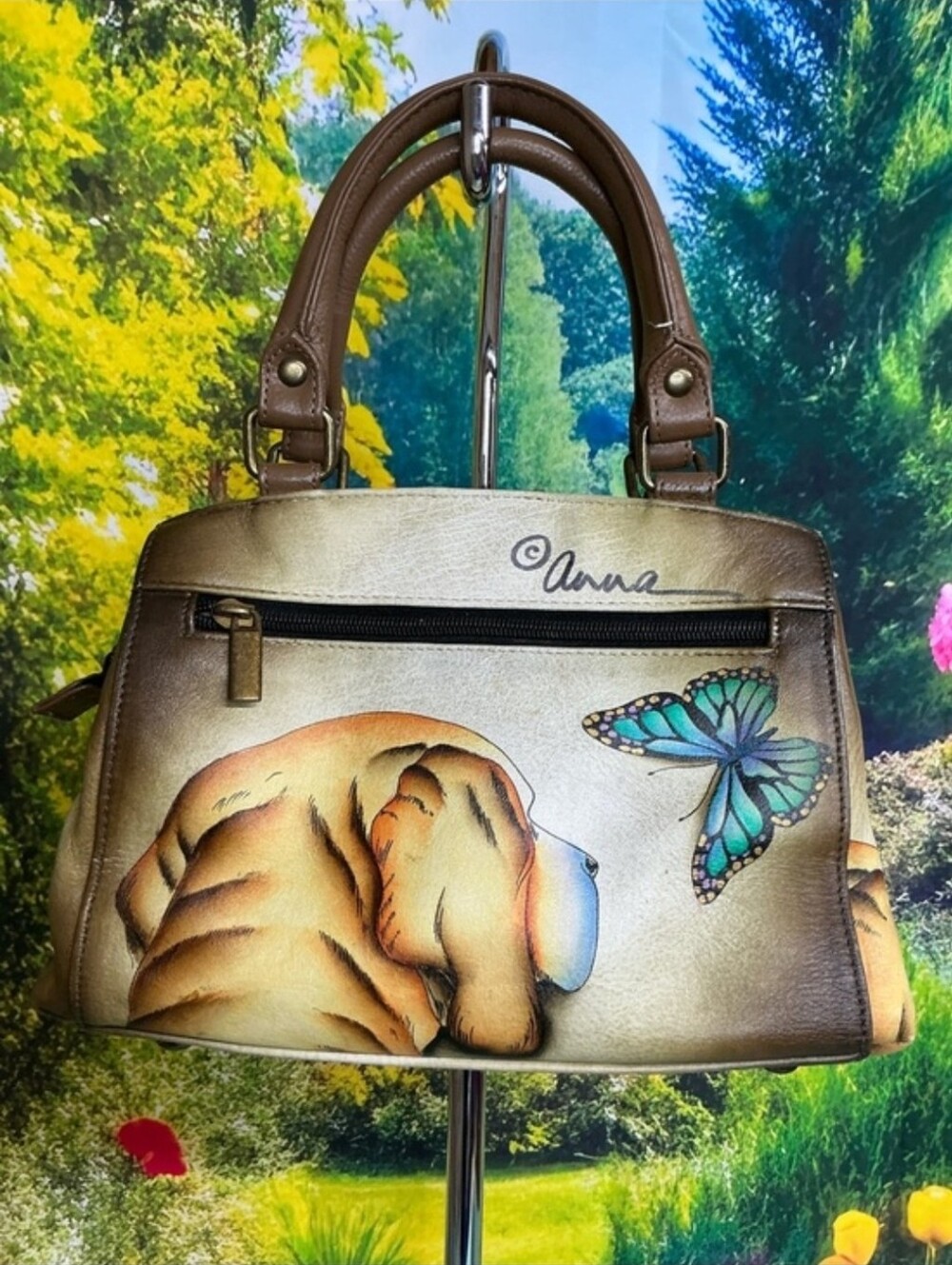 Anna By Anuschka Handpainted Designer Dog/Butterfly Print Satchel Bag - Picture 2 of 13